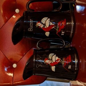 VTG Redware Rooster Batter & Syrup Brown Pitchers
